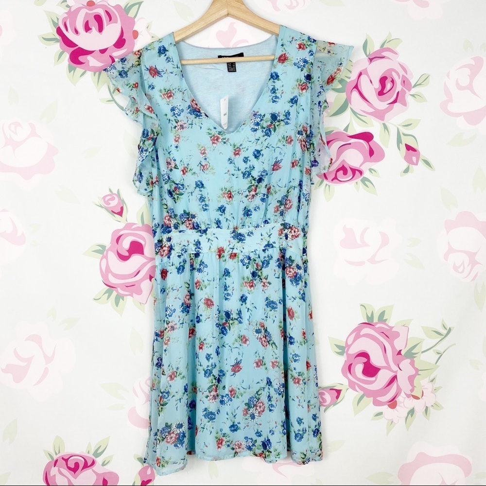 NEW Mango MNG Cottagecore Blue Floral Viola Ruffle Mini Dress XS
